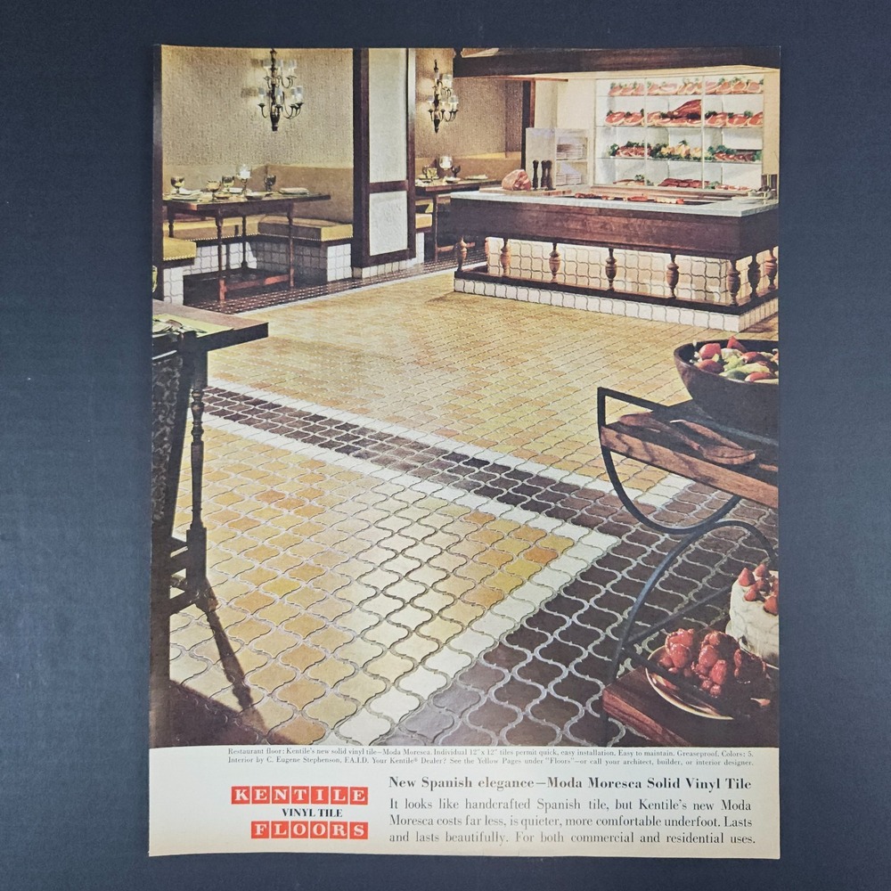 1966 Kentile Vinyl Tile Floor Moda Moresca Vintage Print Ad Butcher Shop Counter